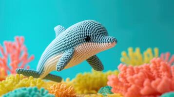 AI generated Crocheted dolphin toy vibrant backdrop, handcrafted and adorable, Ai Generated photo