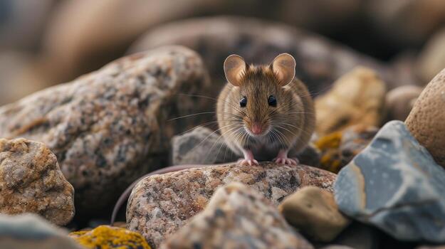 AI generated Small mouse sits atop a pile of rocks, captured in a fish-eye shot, Ai Generated. photo