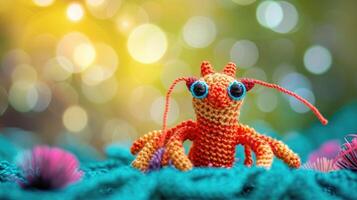 AI generated Crocheted Shrimp toy vibrant backdrop, handcrafted and adorable, Ai Generated photo