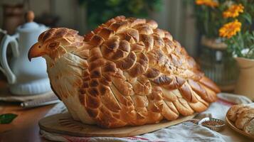 AI generated Unique bread loaf resembling an hawk resting on a wooden table, Ai Generated photo