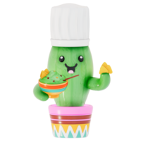 cinco Delaware mayonesa , linda cactus vistiendo un del chef sombrero con participación un cuenco de guacamole y tortilla papas fritas en transparente antecedentes , 3d representación png