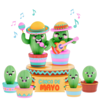 cinco de mayo , mignonne cactus sur une mini étape sur transparent Contexte , 3d le rendu png