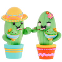 cinco de maionese , fofa cacto segurando uma tigela do guacamole e tortilla salgadinhos em transparente fundo , 3d Renderização png