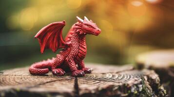 AI generated Red dragon stands proudly on a log, fiery scales shimmering in the sunlight, Ai Generated. photo