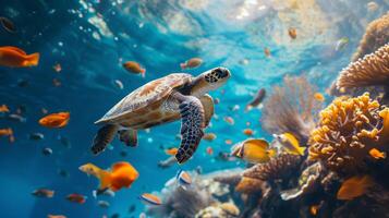 AI generated Beautiful turtle gracefully swims among fishes in the blue ocean water, Ai Generated. photo