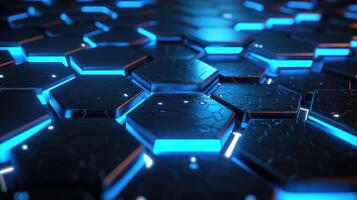 AI generated Futuristic hexagonal patterns glow with blue neon lights, creating an abstract backdrop. Ai Generated photo