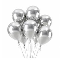 AI generated Bunch of glossy shiny silver helium balloons on string isolated on white, Ai Generated. photo