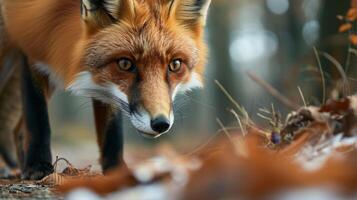 AI generated Close-up of a red fox hunting and stalking its prey, its keen eyes locked on the target, Ai Generated. photo