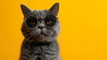 AI generated Close portrait of British furry cat in fashionable sunglasses, exuding style and charm, Ai Generated. photo