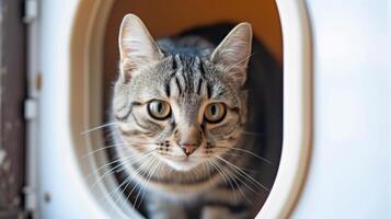 AI generated Cat confidently uses the cat flap, entering or exiting with ease, Ai Generated. photo