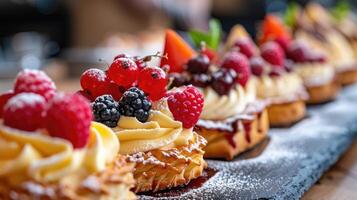 ai generado formación de pasteles adornado con diverso coberturas, coronado con delicioso bayas, ai generado. foto