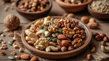 ai generado nueces y semillas arreglado en un de madera lámina, un saludable y nutritivo conjunto, ai generado. foto