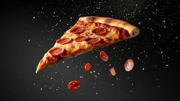 AI generated Delicious slice of pepperoni pizza soaring on a black background, an enticing design, Ai Generated. photo