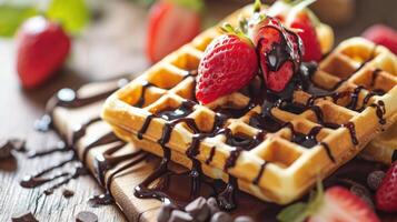 AI generated Tasty Belgian waffles, baked to perfection, adorned with luscious chocolate syrup, Ai Generated. photo