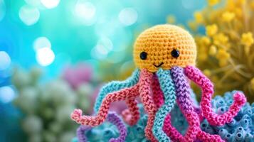 AI generated Crocheted jellyfish toy vibrant backdrop, handcrafted and adorable, Ai Generated photo