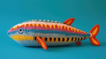 AI generated Crocheted mackerel toy vibrant backdrop, handcrafted and adorable, Ai Generated photo