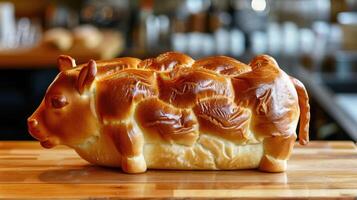 AI generated Unique bread loaf resembling an cow resting on a wooden table, Ai Generated photo