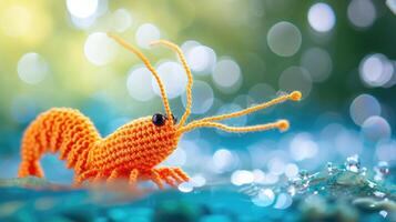 AI generated Crocheted prawn toy vibrant backdrop, handcrafted and adorable, Ai Generated photo