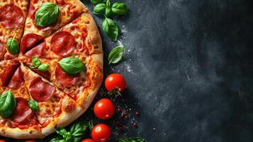 AI generated Tasty pepperoni pizza and cooking ingredients, tomatoes, basil, on a black concrete background, Ai Generated. photo