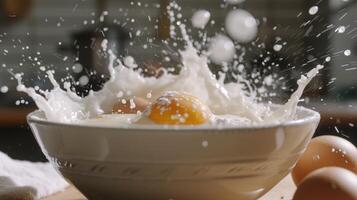 AI generated Eggs in a bowl splashed with milk and ingredients, ready for cooking, Ai Generated photo