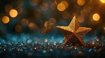 AI generated A golden Christmas star shines on a bokeh black background, enchanting, Ai Generated. photo