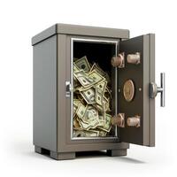 AI generated Unlocked safe with combination lock and cash inside, isolated on white background, Ai Generated. photo