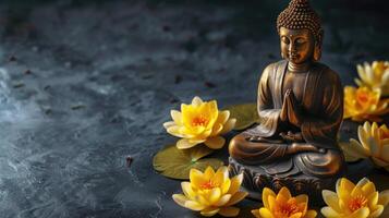 AI generated Gold Buddha statue and yellow lotus flowers on a dark backdrop, Ai Generated. photo