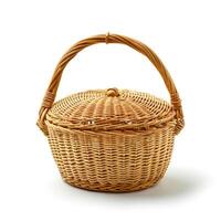 AI generated Handmade woven wicker rattan picnic basket isolated on white background, Ai Generated. photo