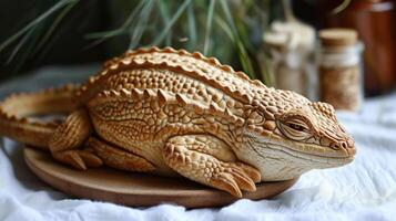 AI generated Unique bread loaf resembling an lizard resting on a wooden table, Ai Generated photo