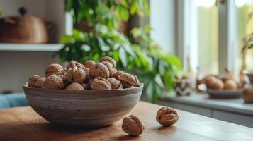 AI generated Tabletop adorned with a bowl of nuts and a lush, green plant, Ai Generated photo