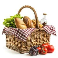 AI generated Woven picnic basket with food isolated on white background for outdoor themes, Ai Generated. photo