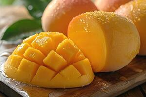 AI generated Luscious mango, smooth and vibrant, its orange flesh dripping with delicious juice, Ai Generated. photo