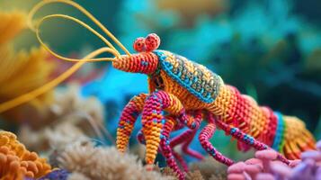 AI generated Crocheted mantisshrimp toy vibrant backdrop, handcrafted and adorable, Ai Generated photo