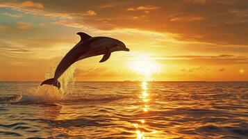 AI generated Majestic dolphin leaps out of the water against the backdrop of a stunning sunset, Ai Generated. photo