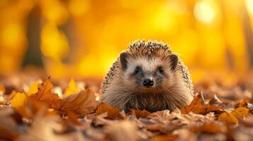 AI generated Charming hedgehog sits amidst autumn leaves, surrounded by breathtaking fall scenery, Ai Generated. photo