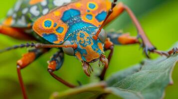 AI generated Close-up of a vibrant bug showcasing intricate patterns and bright colors, mesmerizing, Ai Generated. photo