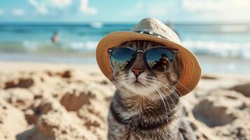 AI generated Cool cat dons hat and sunglasses, chilling on the sandy beach, summer vibes, Ai Generated. photo