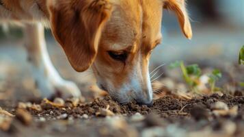 AI generated Dog eagerly sniffs dirt on the ground, exploring with its keen sense of smell, Ai Generated. photo