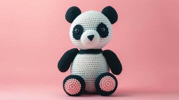 AI generated Crocheted panda toy vibrant backdrop, handcrafted and adorable, Ai Generated photo