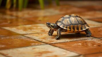 ai generado pequeño Tortuga deambula a través de un loseta piso, sus cáscara reluciente en el ambiente luz, ai generado. foto