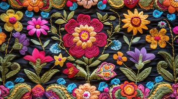 AI generated Colorful embroidered wall hanging featuring vibrant flowers, a stunning textile masterpiece, Ai Generated. photo