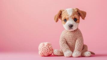 ai generado tejido a ganchillo perrito juguete vibrante fondo, hecho a mano y adorable, ai generado foto