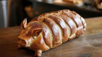 ai generado único un pan pan parecido a un cerdo descansando en un de madera mesa, ai generado foto