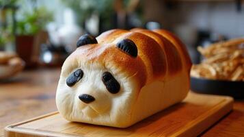 AI generated Unique bread loaf resembling an panda resting on a wooden table, Ai Generated photo
