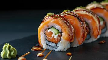 AI generated Delectable sushi roll featuring fresh salmon, a mouthwatering Japanese culinary delight, Ai Generated. photo