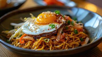 AI generated Savory noodles crowned with a perfectly cooked egg, Ai Generated. photo