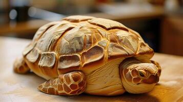 ai generado único un pan pan parecido a un Tortuga descansando en un de madera mesa, ai generado foto