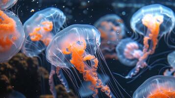 AI generated Mesmerizing jellyfish gracefully swim in the water, their orange tentacles trailing behind, Ai Generated. photo