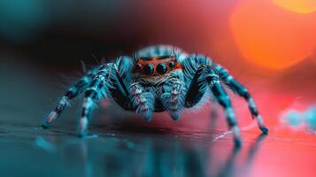 ai generado de cerca de un juguete araña descansando en un mesa, sus falso caracteristicas intrincado, ai generado. foto