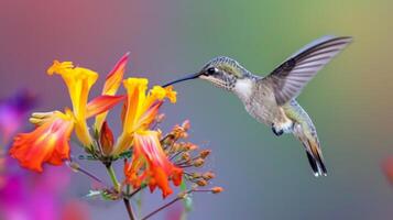 ai generado agraciado colibrí delicadamente sorbos néctar desde un vibrante flor, en pleno vuelo, ai generado. foto